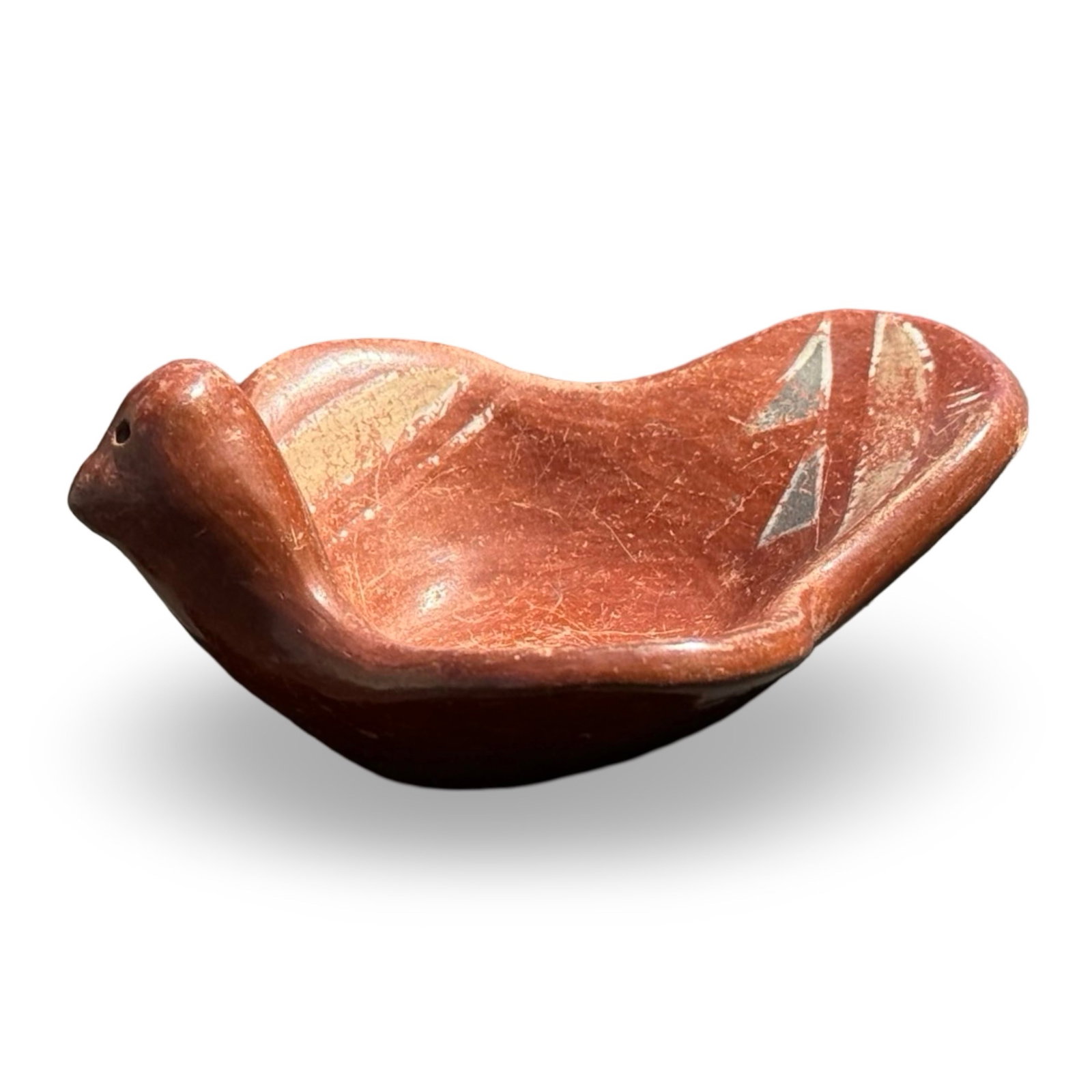 Santa Clara Bird Effigy Dish: Vintage 1933 Santa Clara Pueblo bird effigy dish handcrafted from polished redware clay with matte geometric slip decoration.