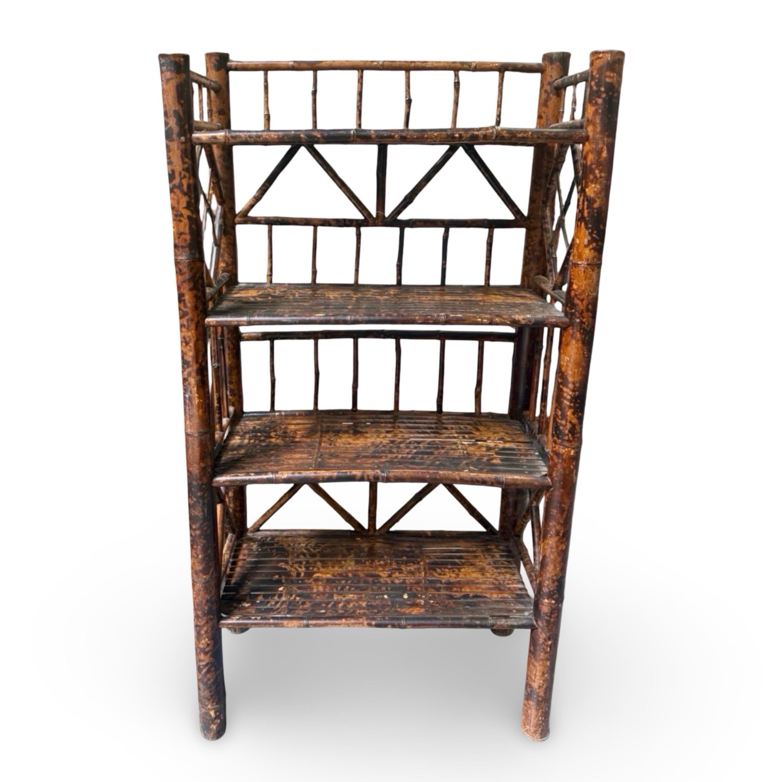 Victorian Bamboo Bookcase Etagere: Antique Victorian burnt bamboo etagere bookcase with open-frame design, cross-braced supports, and multiple slatted shelves.