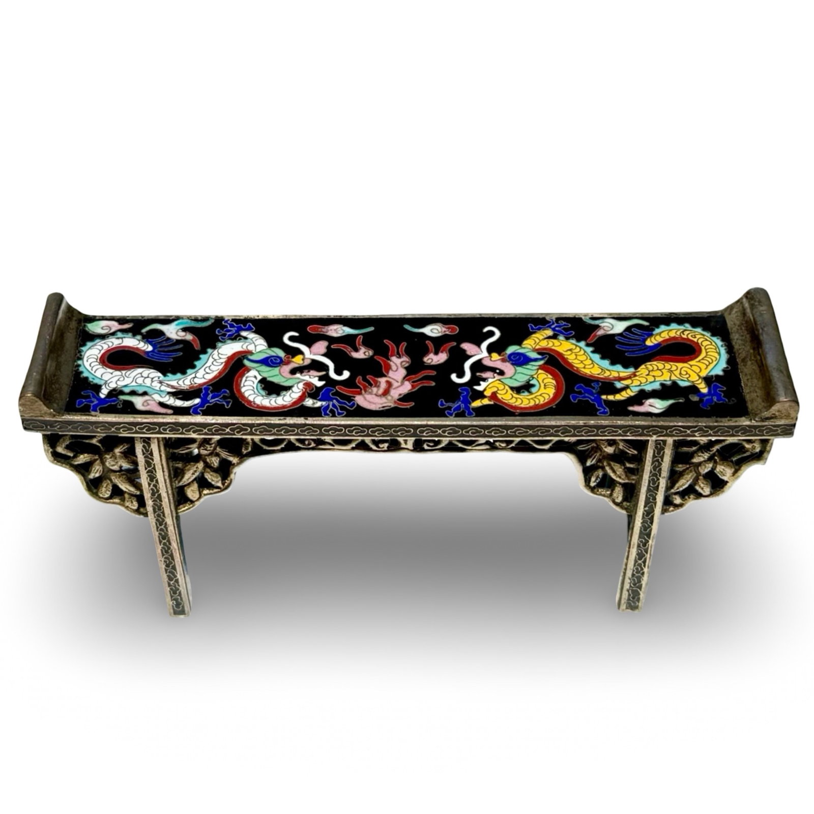Dimunitive Cloisonne Dragon Altar Table: Chinese cloisonne altar table form brush rest / stand with five-claw dragon.
