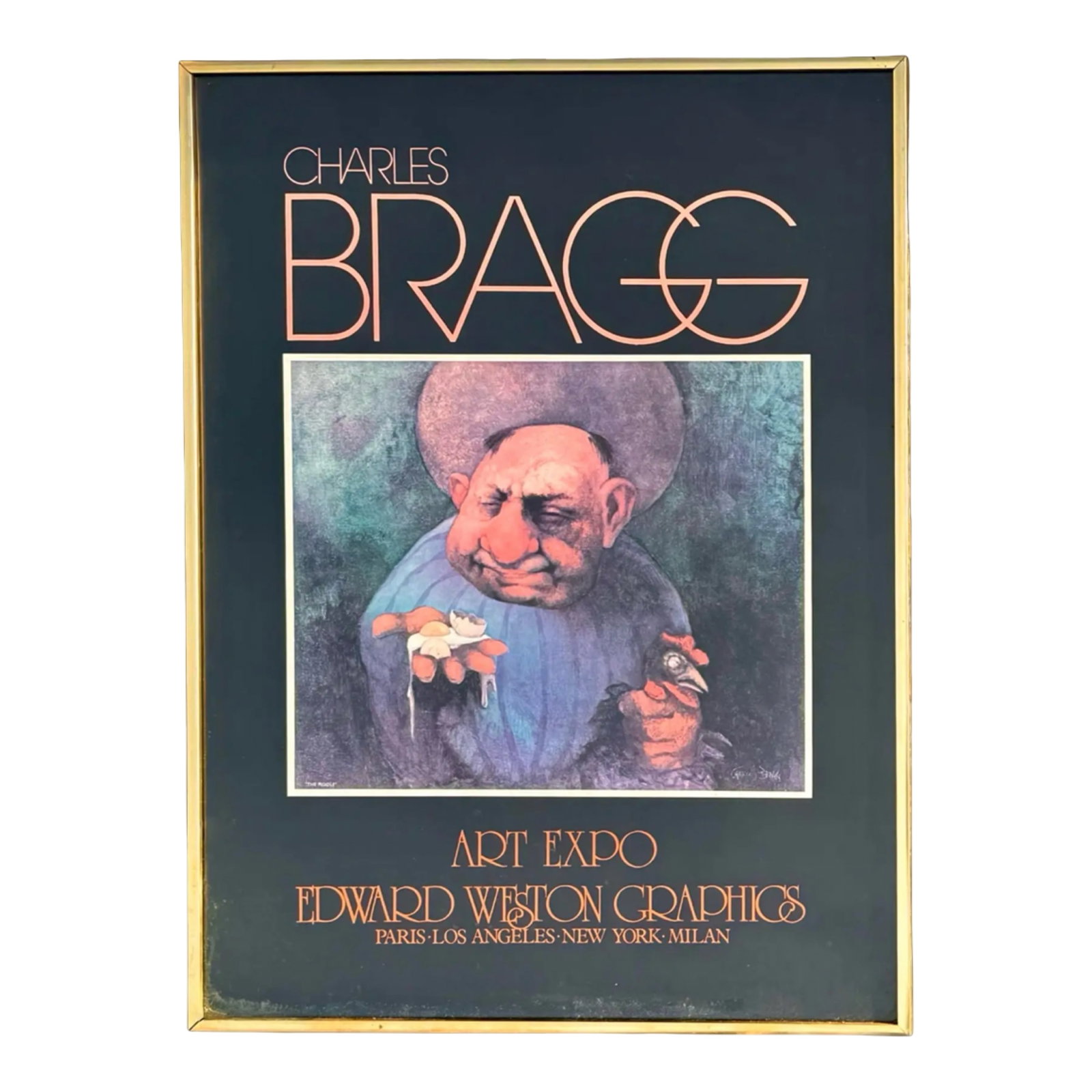 Charles Bragg Riddle Exhibition Print: Vintage Charles Bragg The Riddle exhibition print, published by Edward Weston Graphics for the Wash Art 77 exhibition. Set in a gold-toned metal frame.