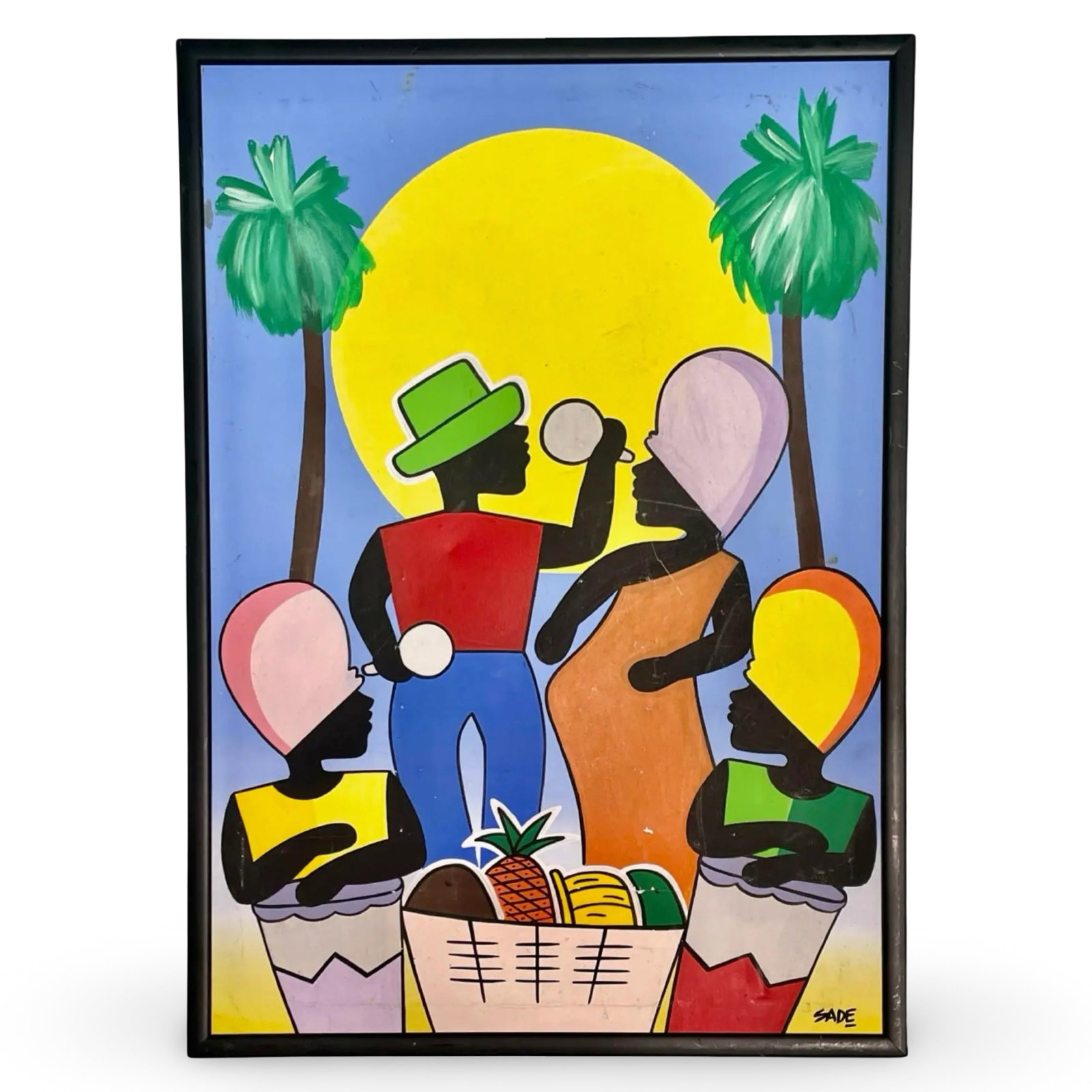 SADE Afro-Cuban Folk Painting: Vintage Afro-Cuban folk art painting by artist Sade. Mid-century primitive style. Signed and framed.