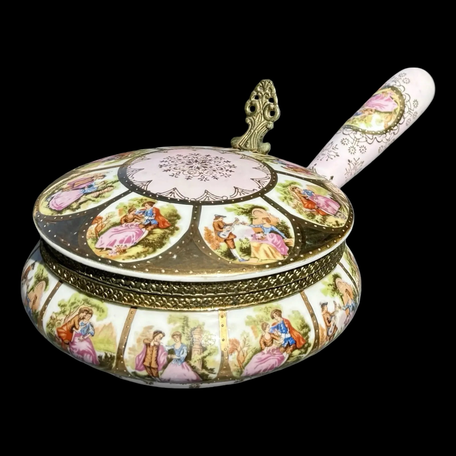 Antique Rococo Silent Butler: Antique porcelain silent butler crumb catcher with pink Rococo design and gilt accents.