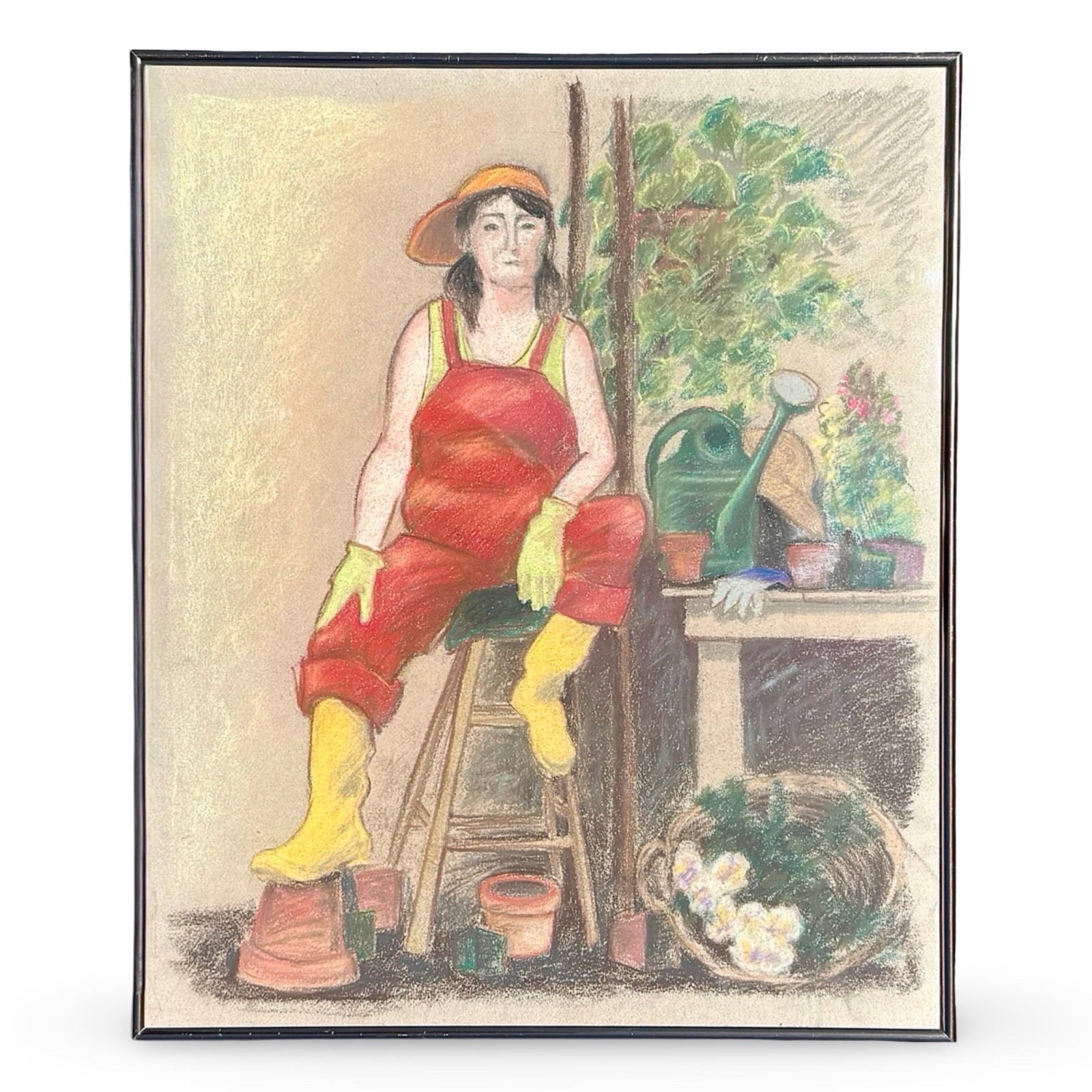 Expressionist Gardener Pastel Portrait: Vintage original expressionist pastel portrait of female gardener figure, set among potted plants and garden tools. Stylized composition expressive, slightly abstracted figurative style. Framed