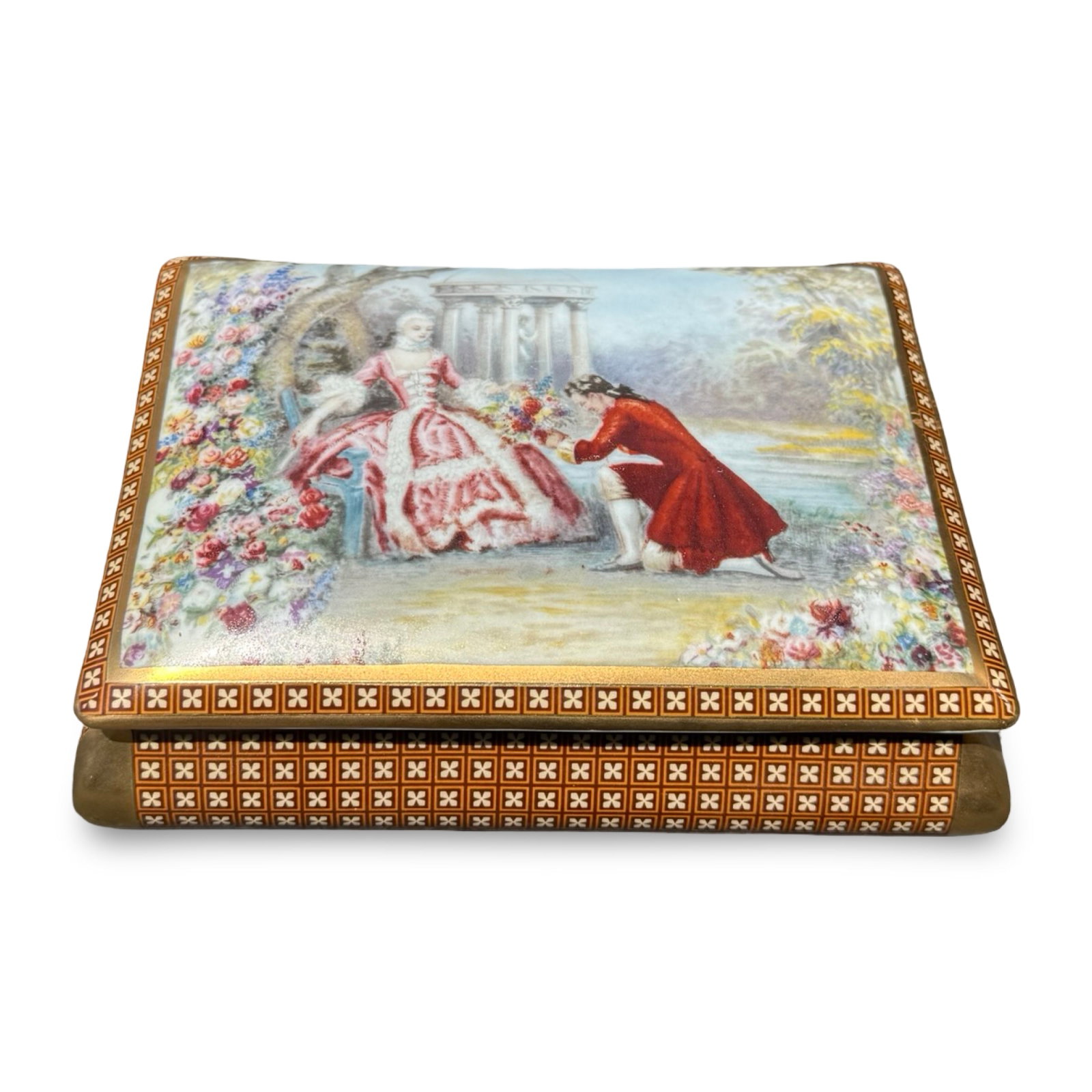French Hand-Painted Porcelain Box: Vintage French hand-painted porcelain box with romantic garden courting scene, geometric pattern, and gilt accents.