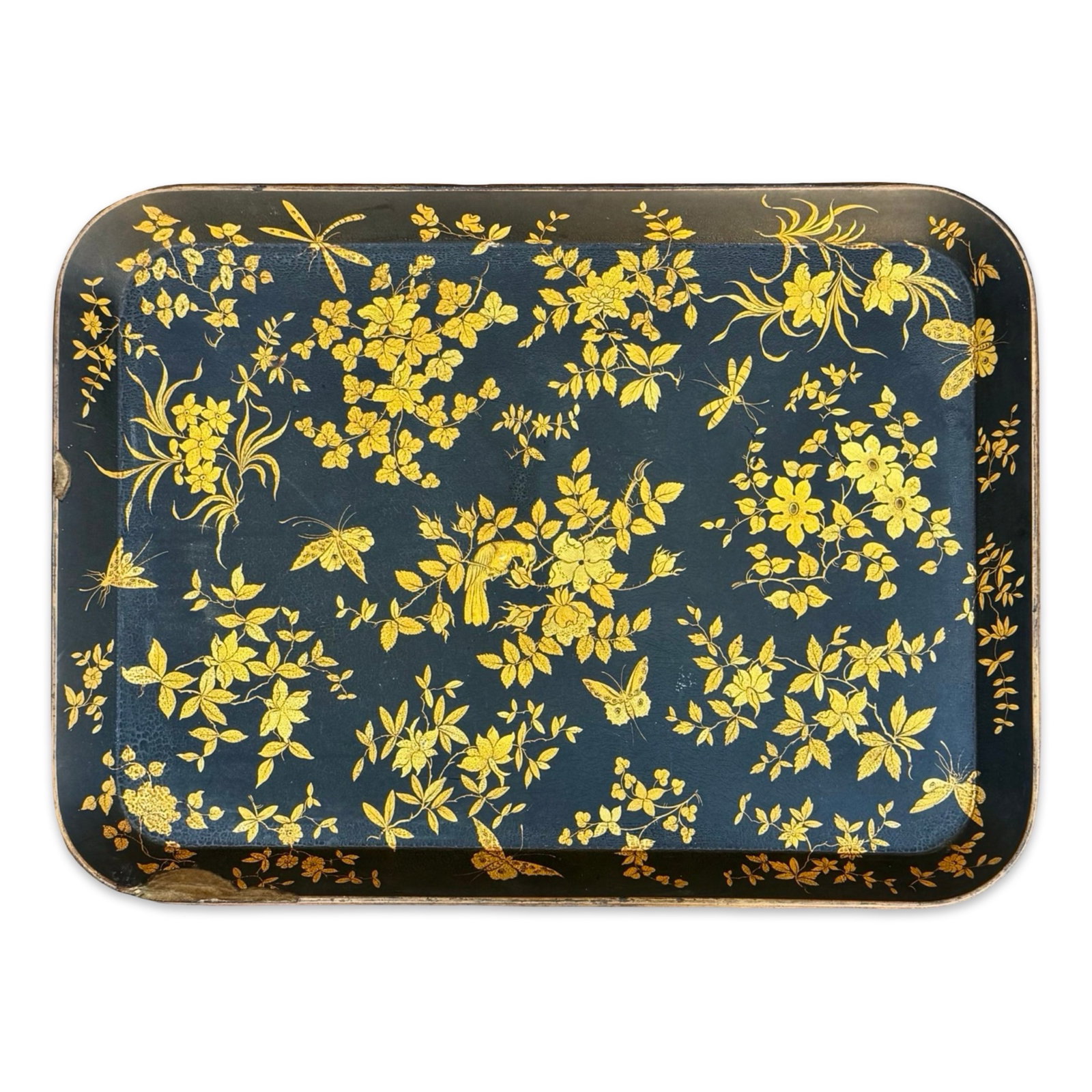Antique Chinoiserie Papier-Mache Tray: Antique English japanned papier-mache Chinoiserie serving tray. Henry Clay attributed. Gold Chinoiserie decoration on black lacquered ground.