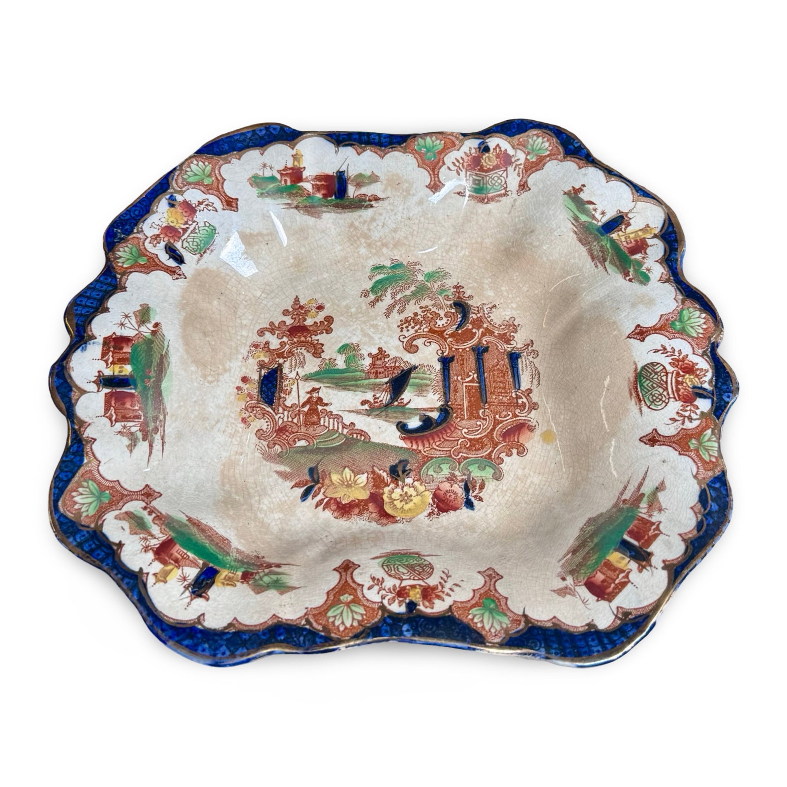Victorian Staffordshire Imari Plate: Antique British Anchor Pottery Imari Japan pattern plate. Staffordshire with Chinoiserie transfer decoration. Marked on base.