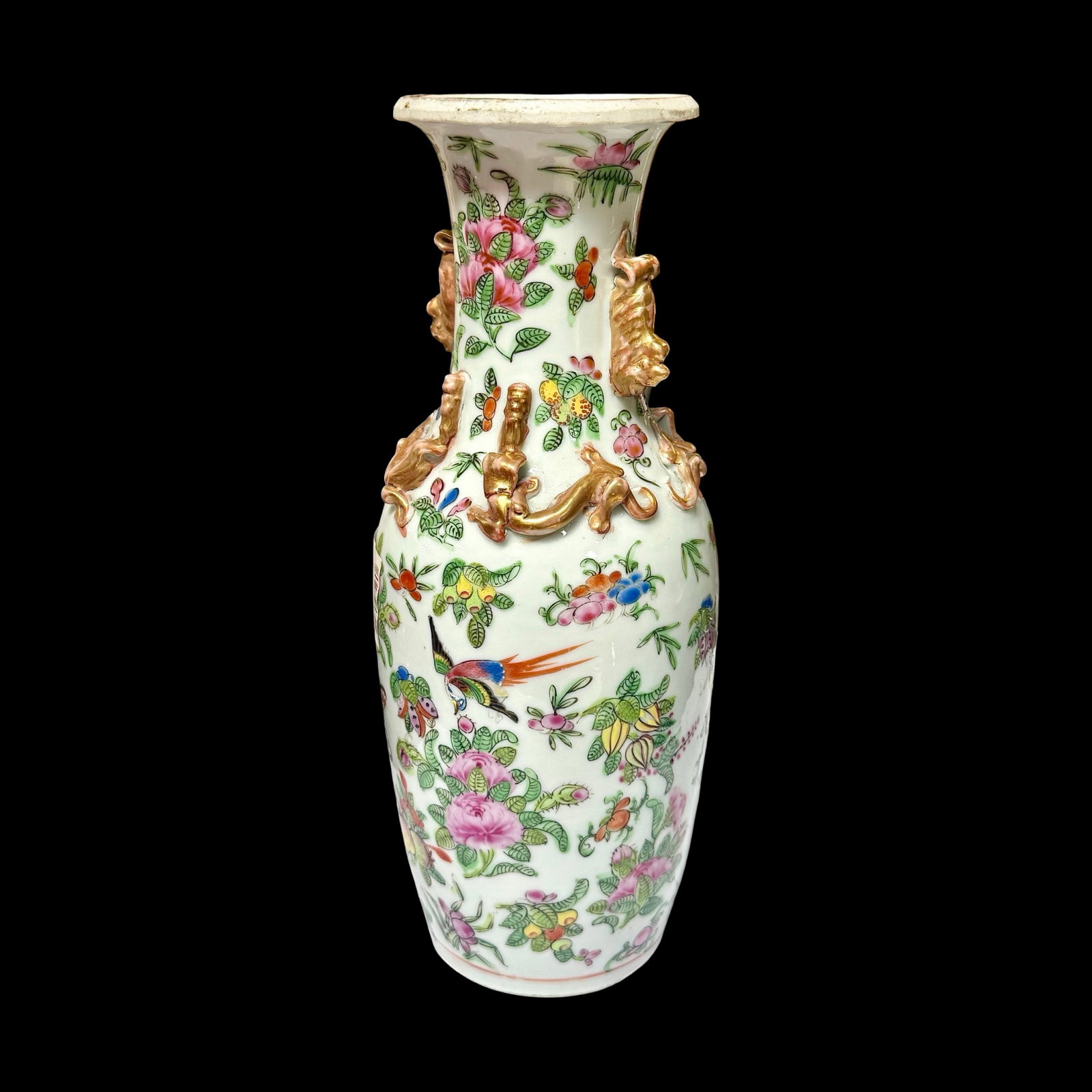 Antique Chinese Famille Rose Vase: Antique Chinese Canton famille rose vase with molded gilt elements.