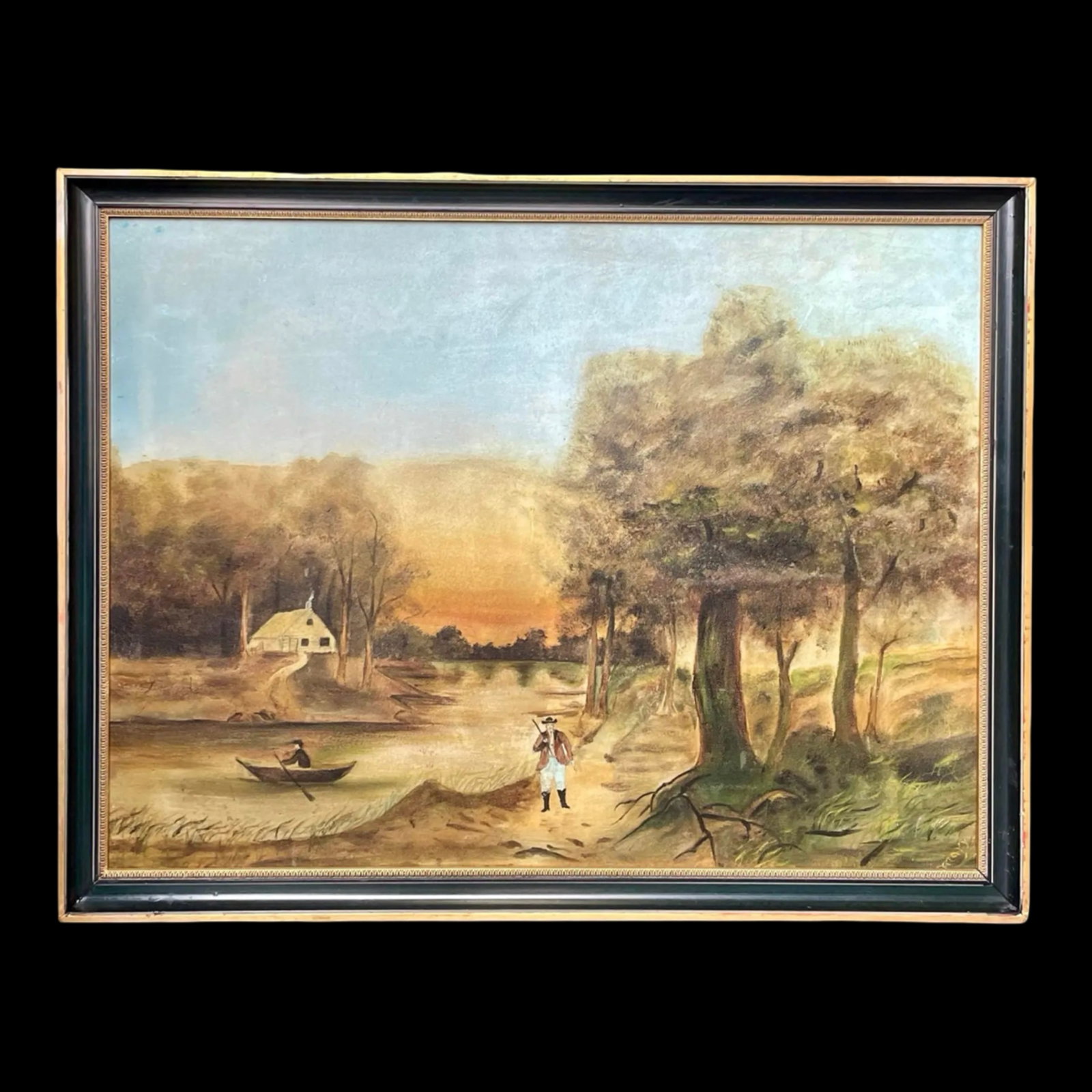 F.W. Devoe Early American Landscape: Antique American landscape painting, signed, F. W. Devoe & Co.. Set in a black wood frame with gilt accents. The original F.W. Devoe & Co. label remains affixed to the reverse.