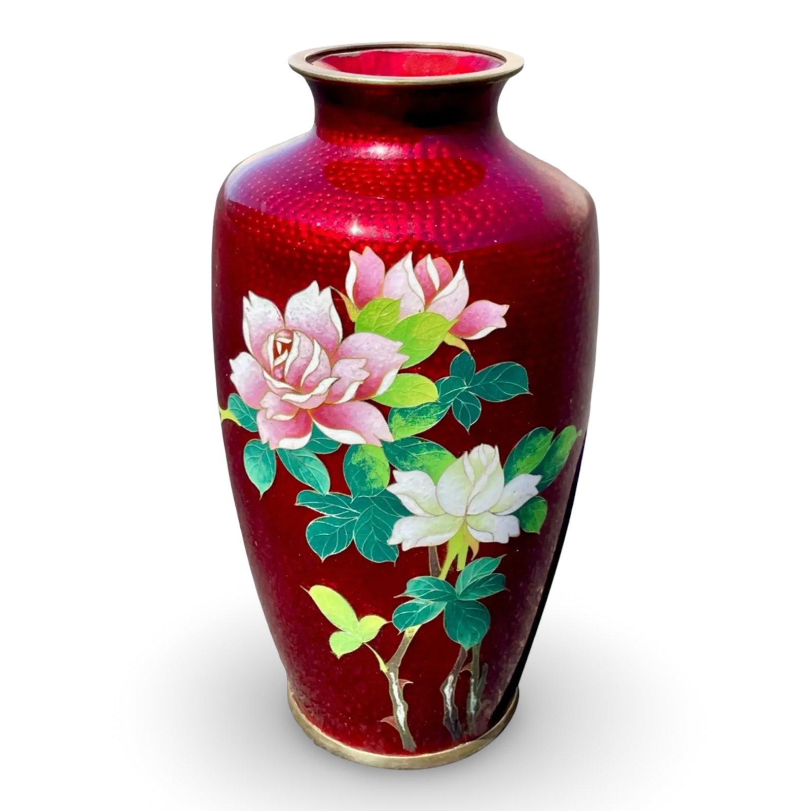 Japanese Ginbari Cloisonne Vase: Japanese Ginbari cloisonne vase with pigeon blood red Akasuke enamel and floral foliage decoration.