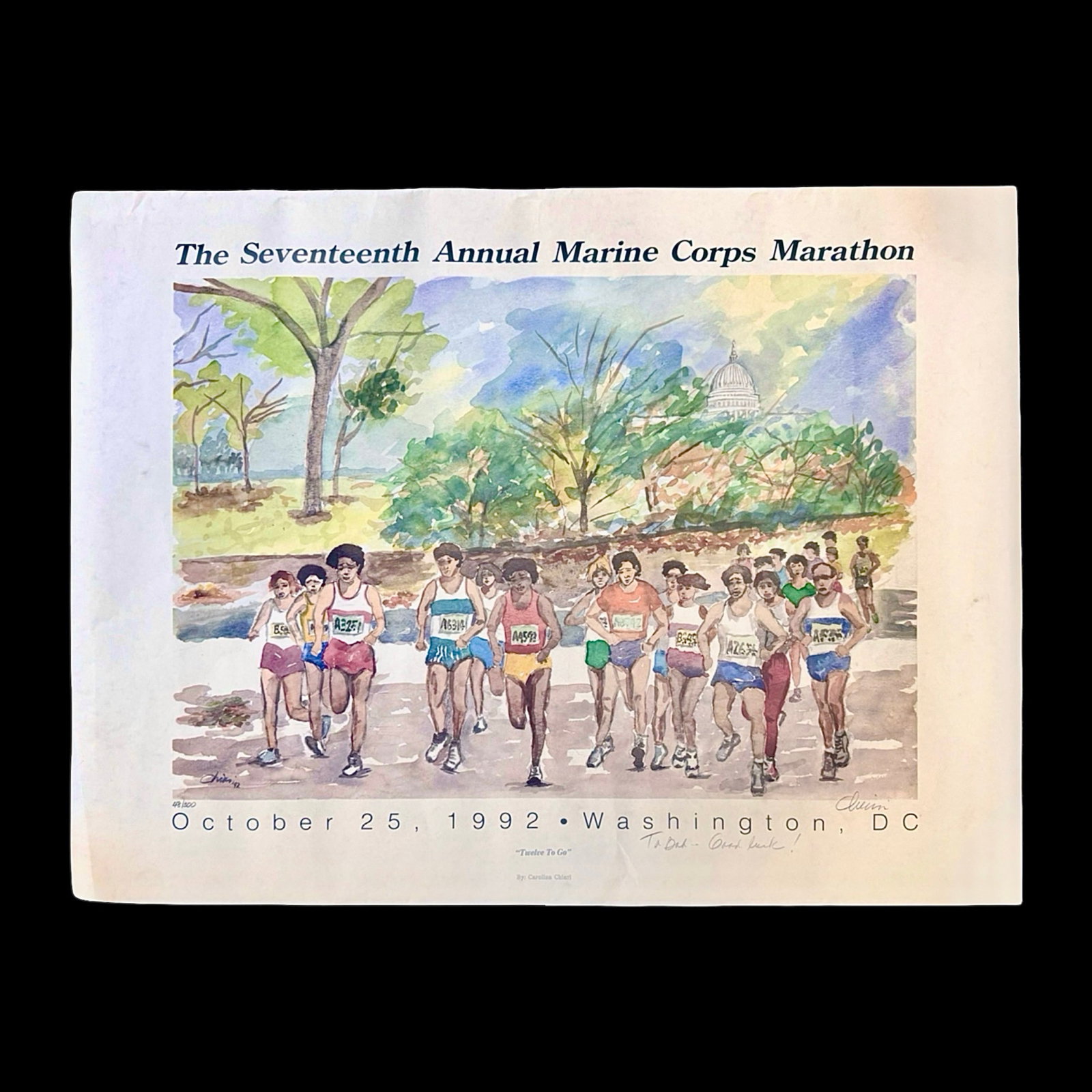 1994 Marine Corps Marathon Poster: Original 1994 Marine Corps Marathon commemorative poster for the 19th Annual race held in Washington, D.C. limited-edition lithograph is hand-numbered 64/500 and signed by the artist, Tom.