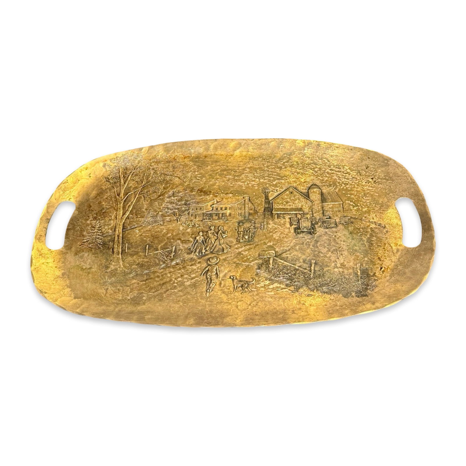 Hand-Forged Copper Metal Serving Tray: Hand-forged solid copper metal serving tray with hammered finish and relief decoration. Approx. Dimensions: .25H x 17.75W x 11.5D inches