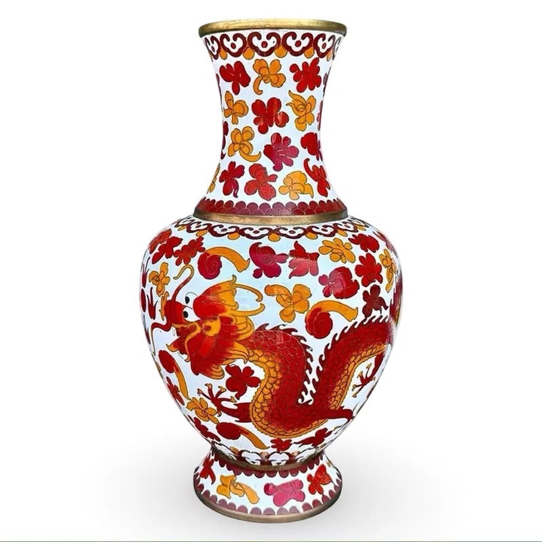 Chinese Cloissone Dragon Vase: Chinese Cloisonné vase w five-toed dragons. Approx. Dimensions: 7W × 7D × 12H