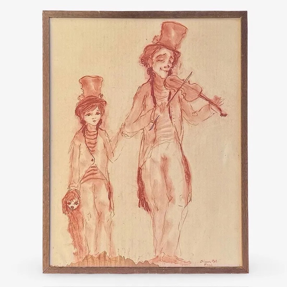 Sanguine Drawing Paris Street Scene: French sanguine red chalk drawing of Paris street performers. Signed 'Etienne', dated, and set in a wood frame.
