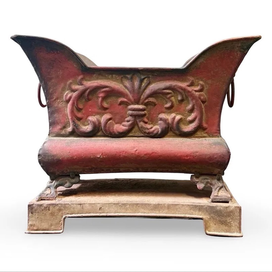 French Tole Metal Painted Planter Urn: Rustic French footed tole metal planter with ornate scrollwork and original patina. Approx. Dimensions: 8.5H x 10.75W × 6D inches