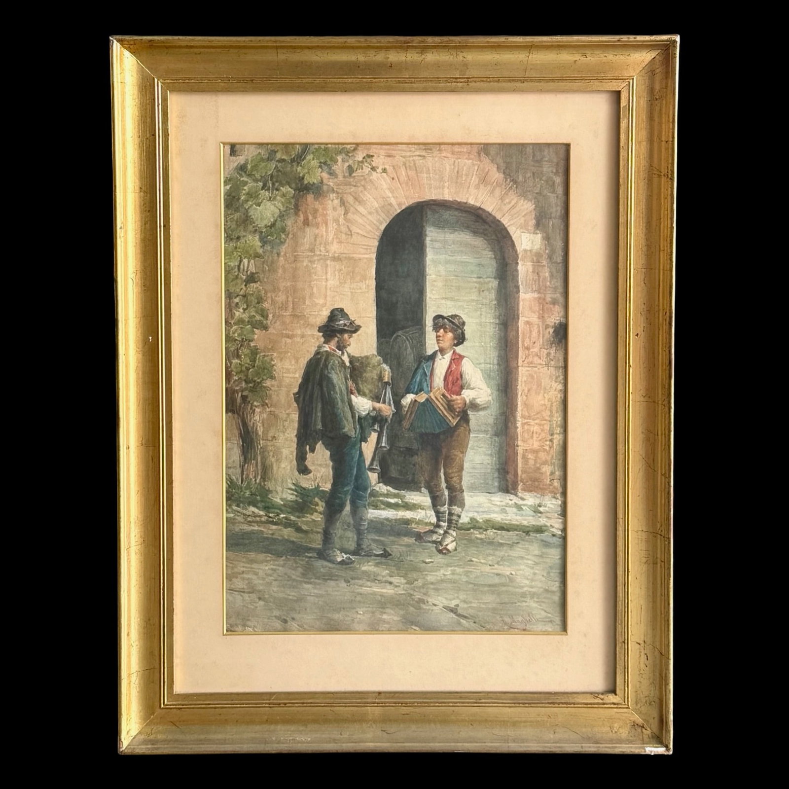 Bartolini Italian Genre Watercolors: Italian painting genre scene by Federico Bartolini (1861–1908), of a peasant woman with sheep and a pair of street musicians. Signed by the artist and housed in giltwood frames with label from the C