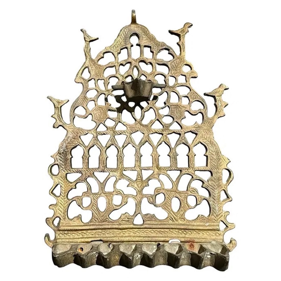 Moroccan Bronze Menorah Oil Lamp: Moroccan bronze Hanukkah menorah (hanukkiah) traditional oil lamp with pierced backplate, geometric and floral latticework, arched architectural motifs, and stylized bird figures at the top. Approx. D