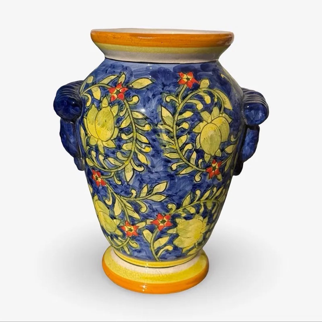 Italian Majolica Lemon Limoni Vase: Italian majolica pottery vase with hand painted Limoni lemon motif on cobalt blue ground, in traditional Tuscan or Sicilian style. Approx Dimensions: 9.5H x 8W x 7D inches