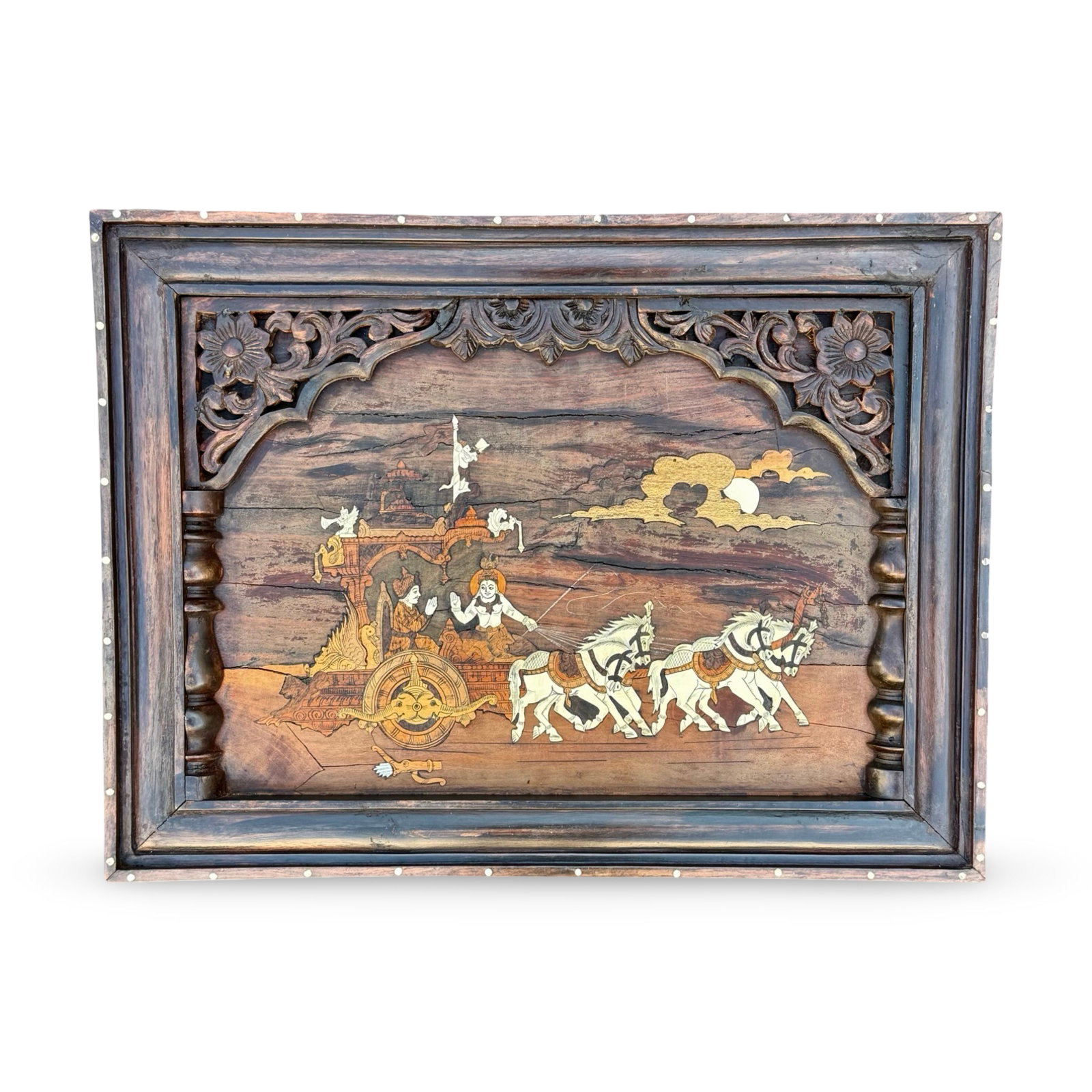 Indian Mysore Rosewood Krishna Gita Panel: Vintage Mysore rosewood inlay wall panel depicting Krishna and Arjuna from the Bhagavad Gita, with carved floral relief, chariot scene, horses, and contrasting inlaid details.