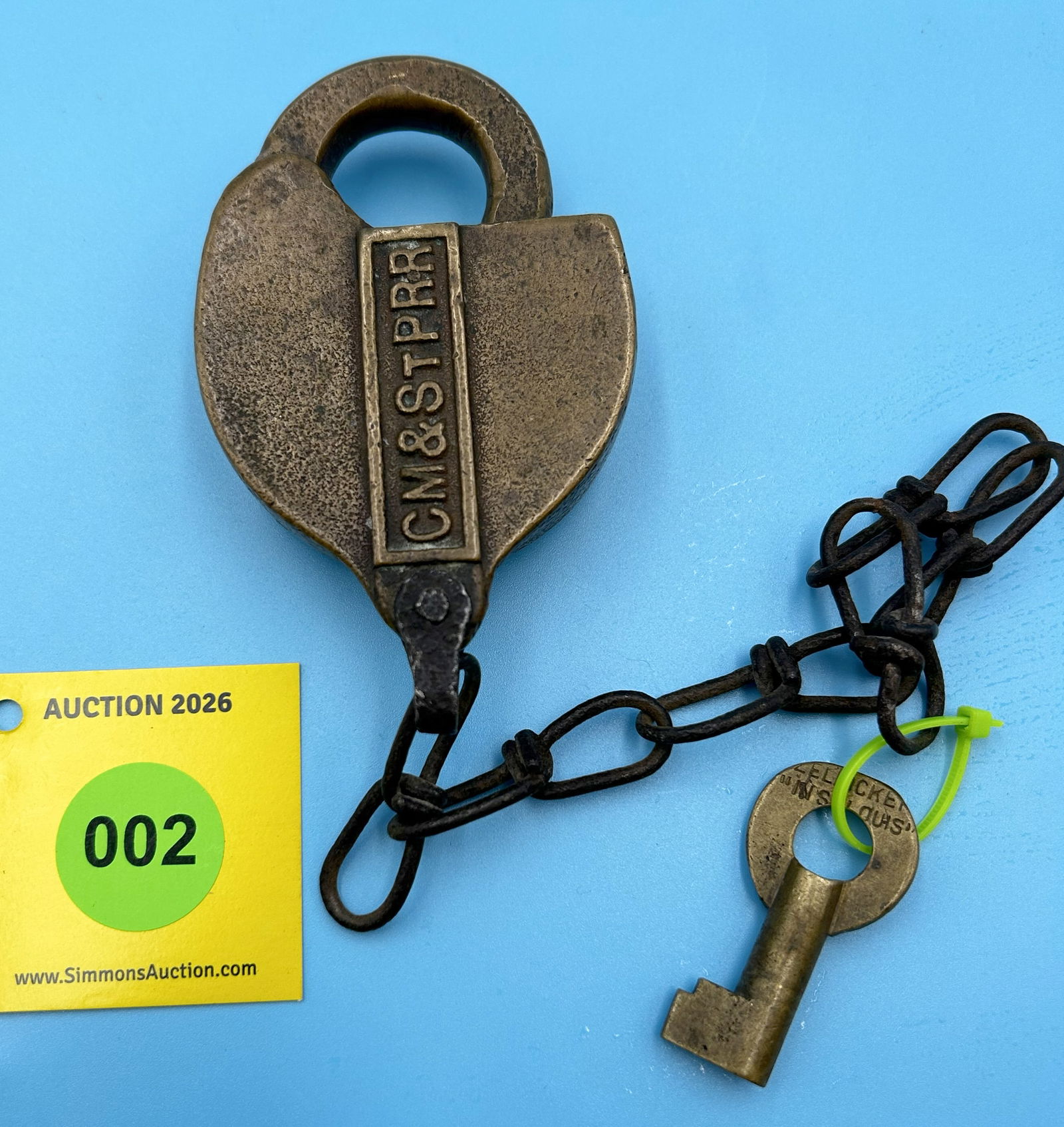 CM & ST. PAUL RR Chicago Milwaukee St. Railroad DUST COVER all brass padlock w/marked key (1 of 2)