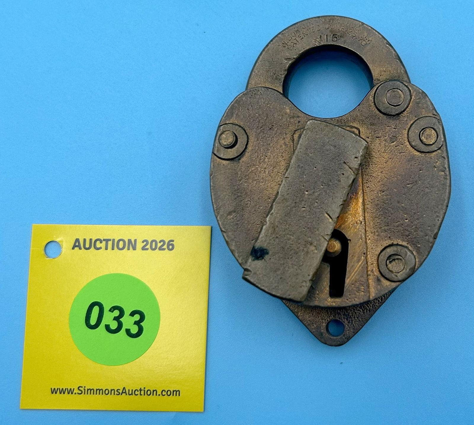 AT & SF RR W. BOHANNAN 115 - STOCKYARDS ALL BRASS LOCK WITH DUST COVER, (NO KEY) PAT. JUNE 25, 78. (1 of 2)