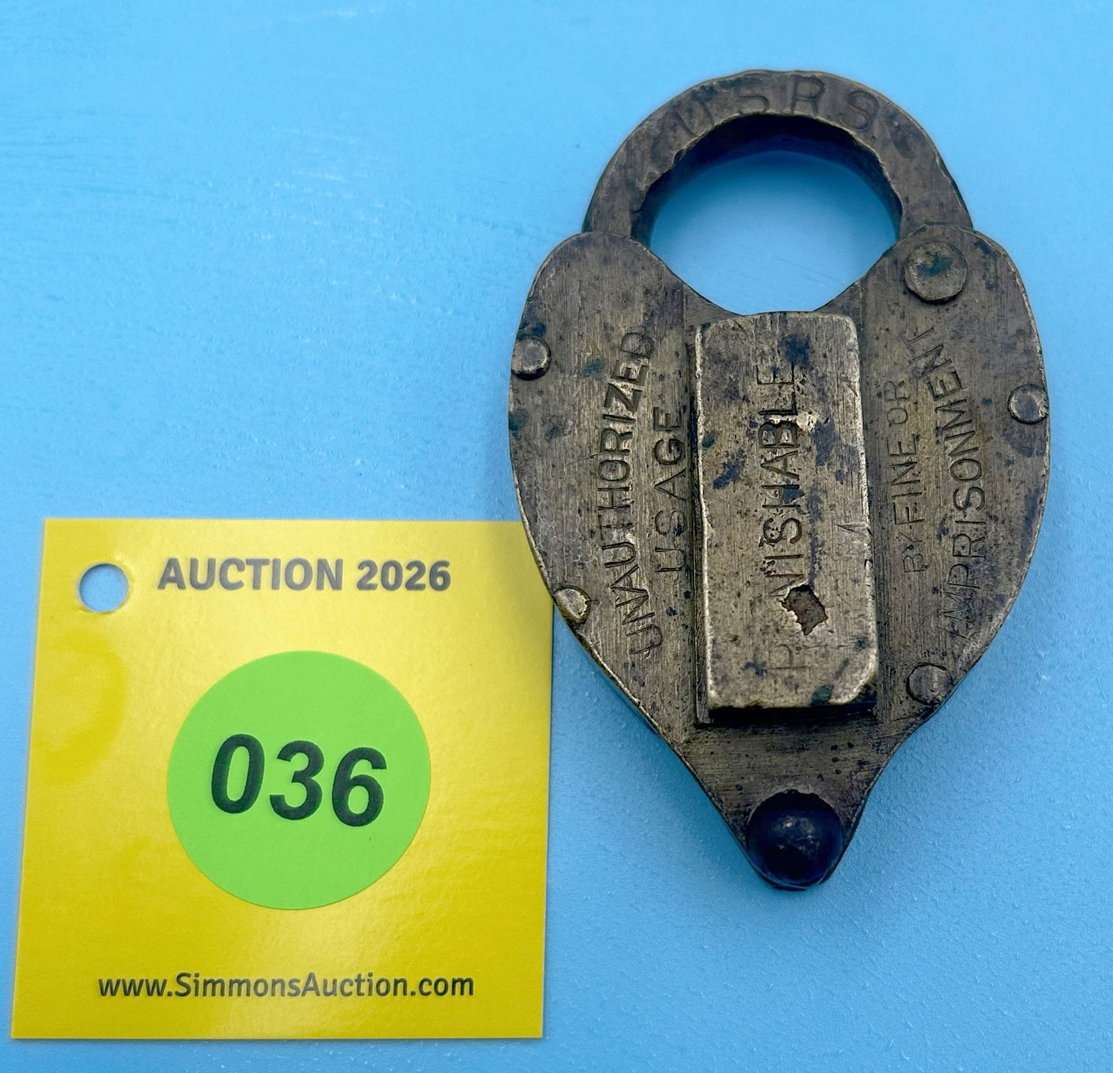 USRS ALL BRASS WITH DUST COVER READS "UNAUTHORIZED USAGE BY FINE OR INPRISONMIENT" (NO KEY) (1 of 2)