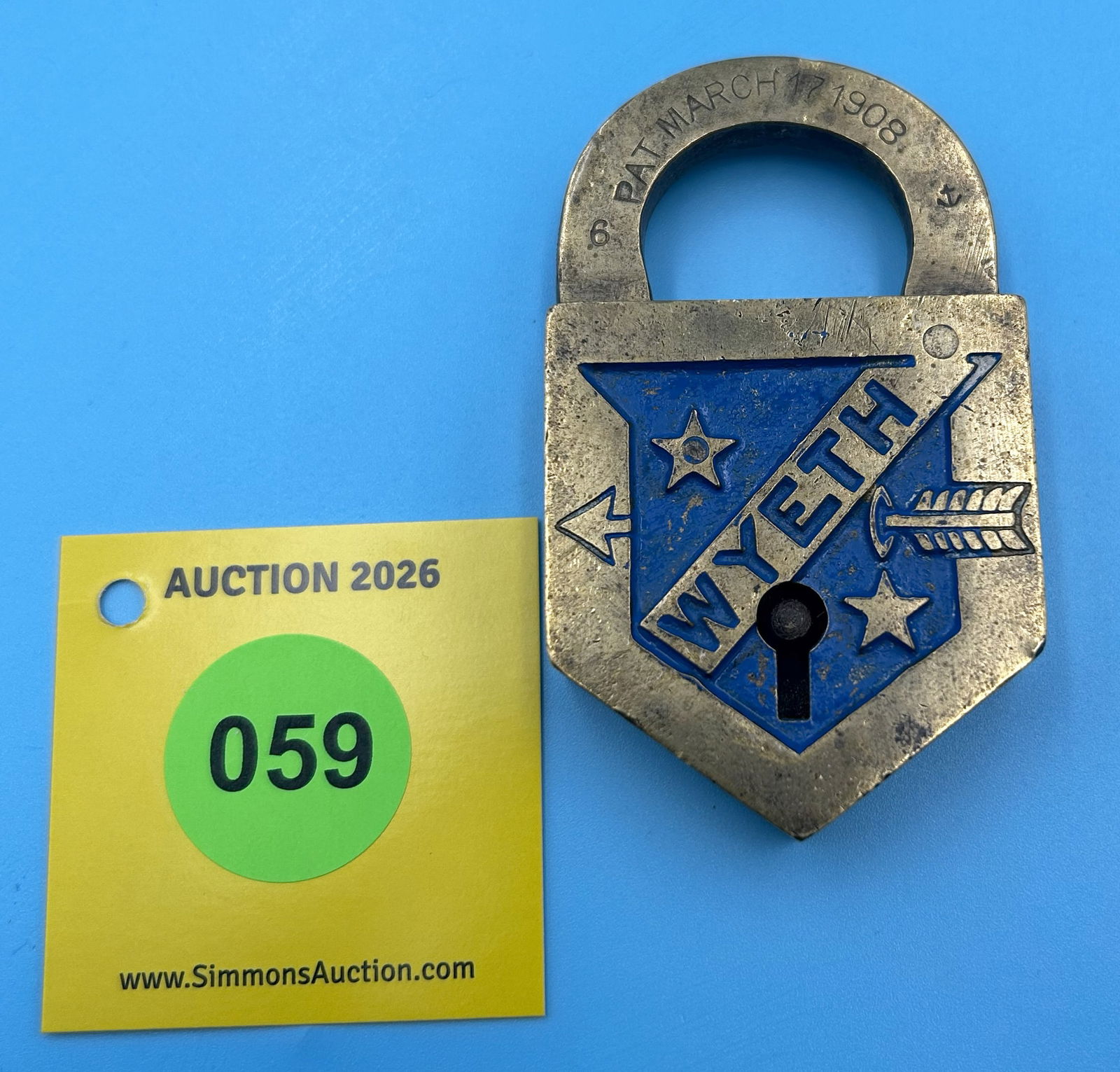 WYETH ARROW FRAIM HARDWARE ADVERTISING PADLOCK, (NO KEY) PAT. MAR. 17 1908 (1 of 2)