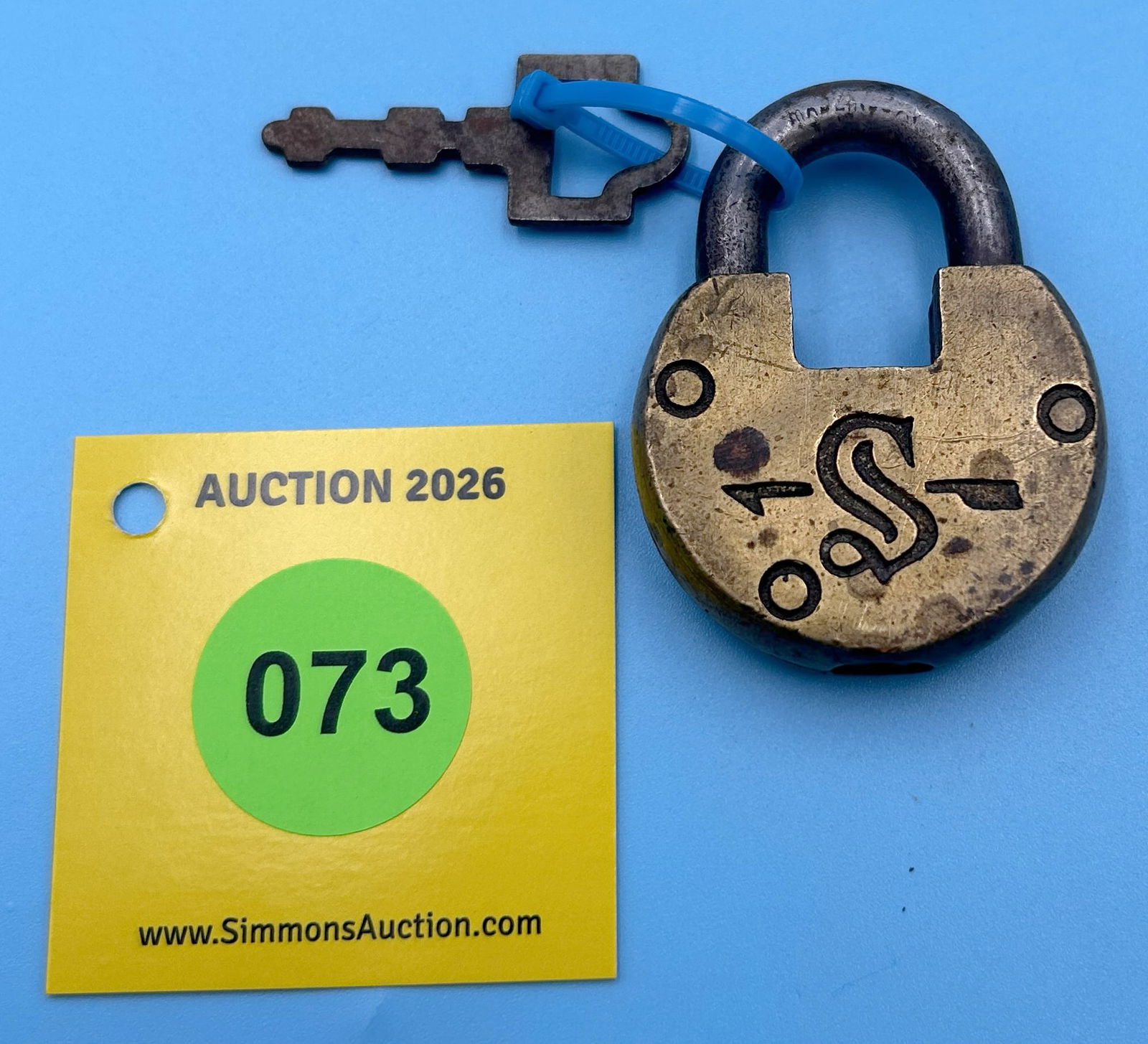 "S" SLAYMAKER BRASS BODY, STEEL SHACKLE SMALL LOCK (with KEY) (1 of 2)