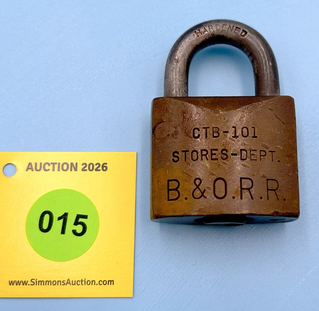BALTIMORE AND OHIO RAILROAD (B & OR RR) STORES DEPT CTB-101 HARDENED (BALT & OHIO) BRASS BASE, ST...: BALTIMORE AND OHIO RAILROAD (B & OR RR) STORES DEPT CTB-101 HARDENED (BALT & OHIO) BRASS BASE, STEEL SHACKLE LOCK (NO KEY)