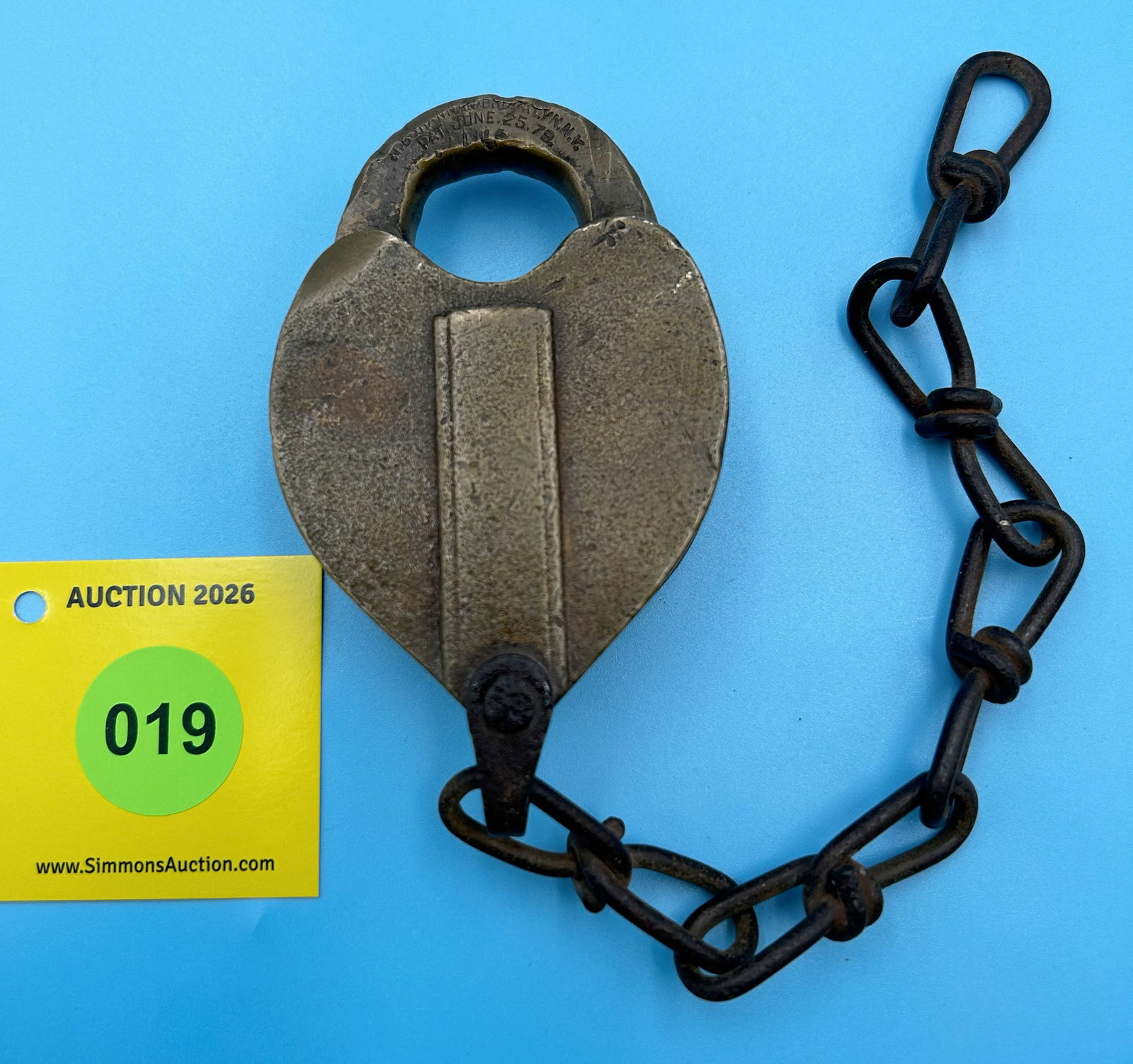 RICHARDS & CONOVER HARDWARE CO. RAILROAD GRADE BOHANNAN BRASS PADLOCK WITH DUST COVER PAT. JUNE 2... - 2