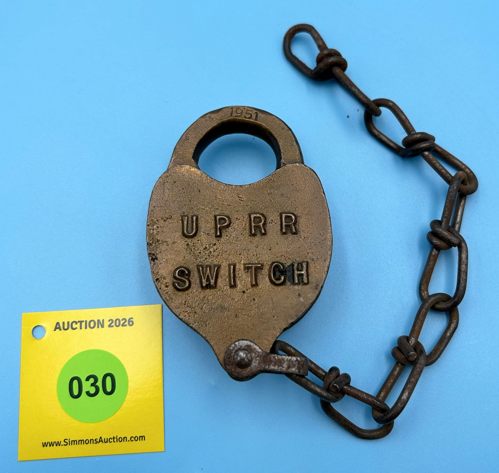 UNION PACIFIC RAILROAD (UPRR), OVER SWITCH EMBOSSED ALL BRASS LOCK DATED 1951 WITH DUST COVER (NO...: UNION PACIFIC RAILROAD (UPRR), OVER SWITCH EMBOSSED ALL BRASS LOCK DATED 1951 WITH DUST COVER (NO KEY)