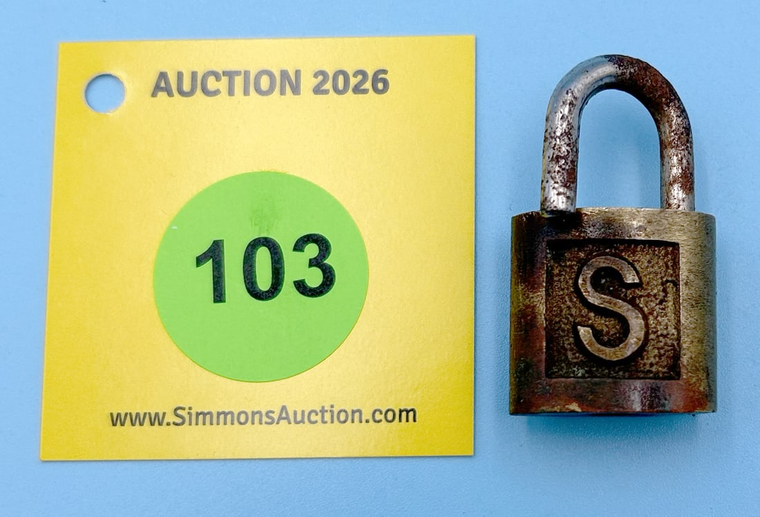 "S" SLAYMAKER SMALL BRASS BODY, STEEL SHACKLE LOCK, (NO KEY): "S" SLAYMAKER SMALL BRASS BODY, STEEL SHACKLE LOCK, (NO KEY) 