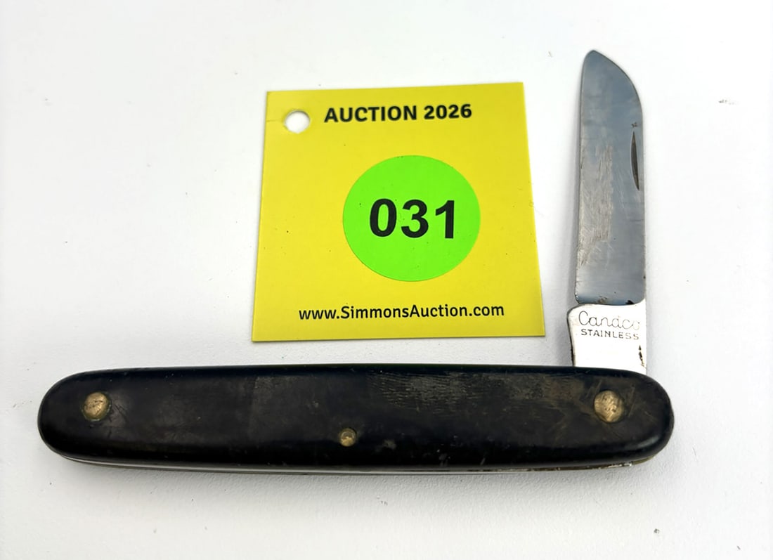 Candco Stainless Switzerland, celluloid handled, single blade, has been slightly used, nice shape...: Candco Stainless Switzerland, celluloid handled, single blade, has been slightly used, nice shape, good snap