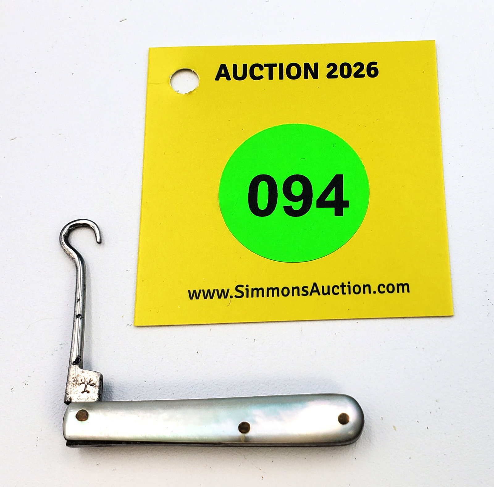 Early H. Baker - Mother of Pearl Button Hook, one pin crack, good snap (1 of 3)