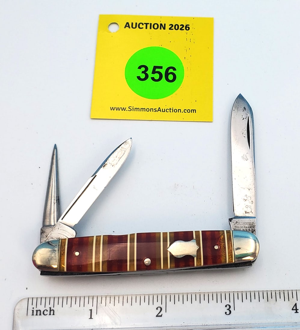 W8 Winchester - candy strip stockman, 3 blades, unused, faint etch, no cracks, good snap, has punch - 3