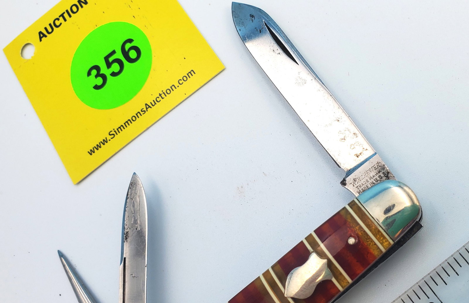 W8 Winchester - candy strip stockman, 3 blades, unused, faint etch, no cracks, good snap, has punch - 4