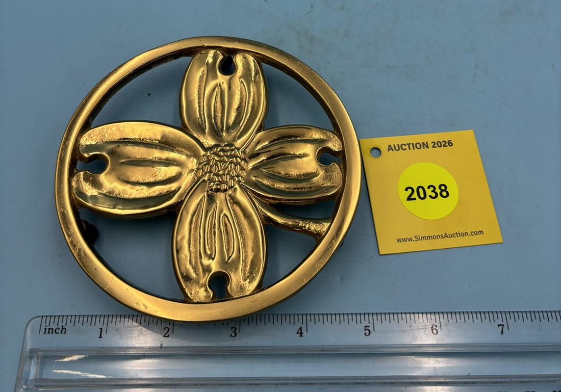 Virgina Metalcrafters Dogwood No. 2. 4 7/8'' diameter w/ three feet brass trivet. On reverse marked: Virgina Metalcrafters Dogwood No. 2. 4 7/8'' diameter w/ three feet brass trivet. On reverse marked with 10-12 "Copy rights 1950 by H. Burns Dogwood".