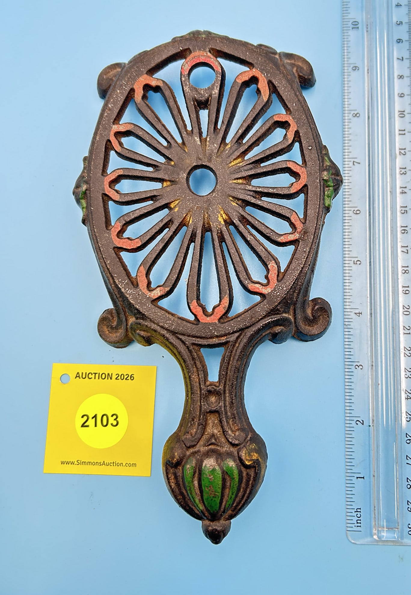 Carron No. 5 Turtle 9 1/2'' x 5'' w/ four splayed, ornamental legs trivet. Trivet is accented wit...: Carron No. 5 Turtle 9 1/2'' x 5'' w/ four splayed, ornamental legs trivet. Trivet is accented with red, green, and gold paint