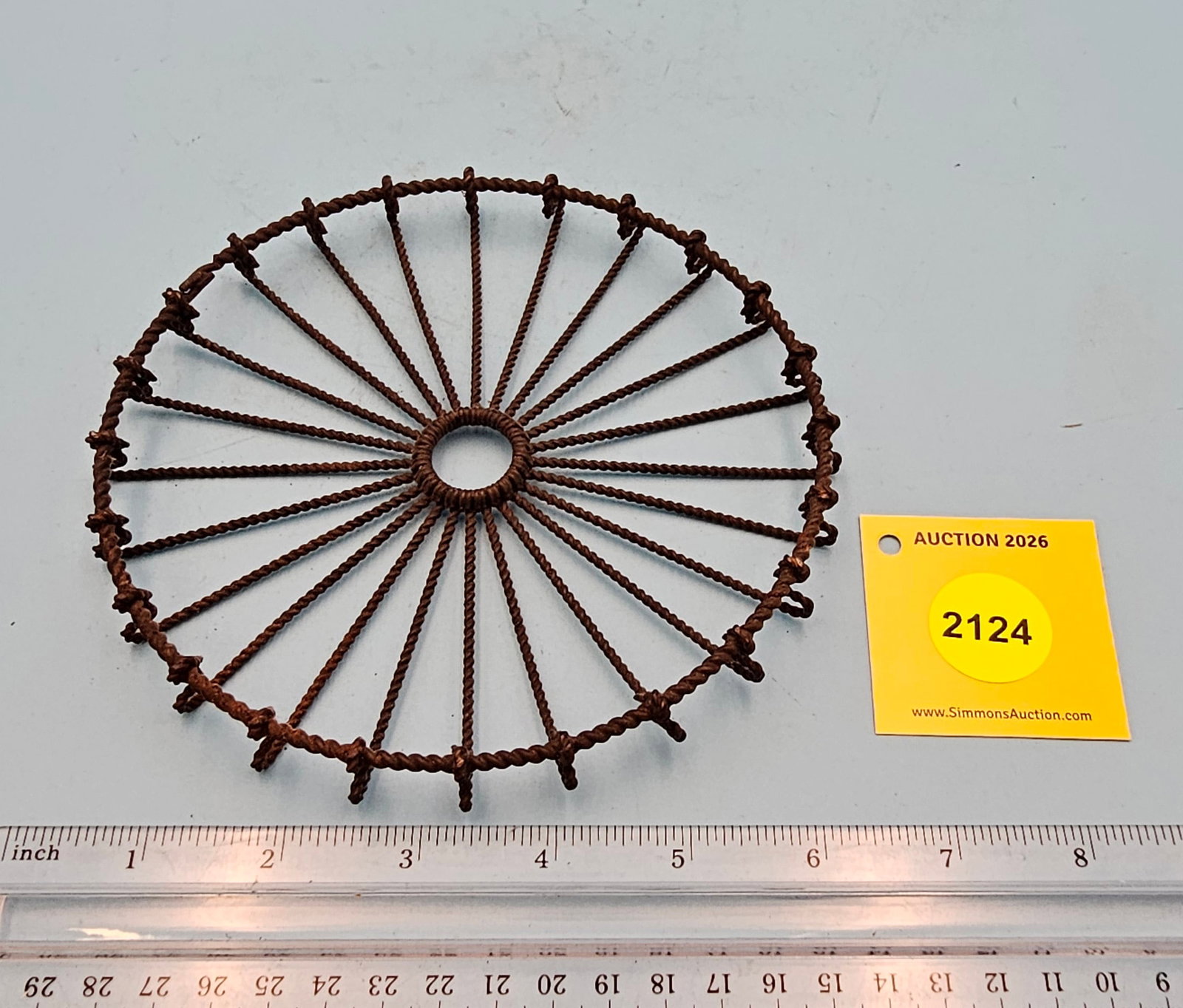 Spookes trivet- tinned wire 6 1/4'' diameter.: Spookes trivet- tinned wire 6 1/4'' diameter.