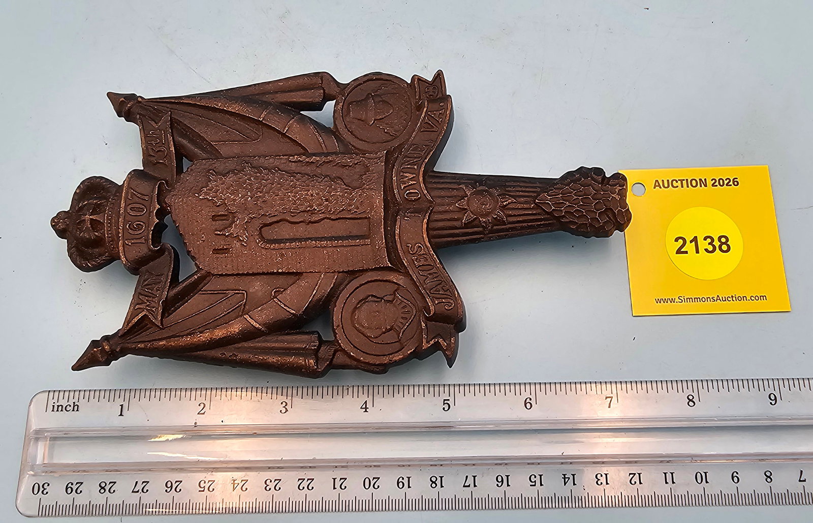 350th Anniversary Jamestown Landing 7'' x 4'' w four feet trivet. On face marked with "May 13th ... (1 of 2)
