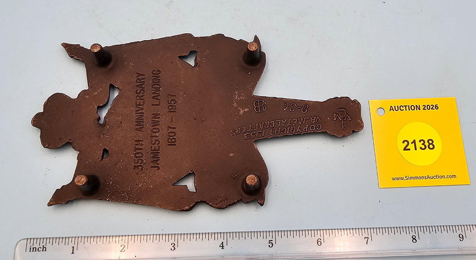 350th Anniversary Jamestown Landing 7'' x 4'' w four feet trivet. On face marked with "May 13th ... - 2