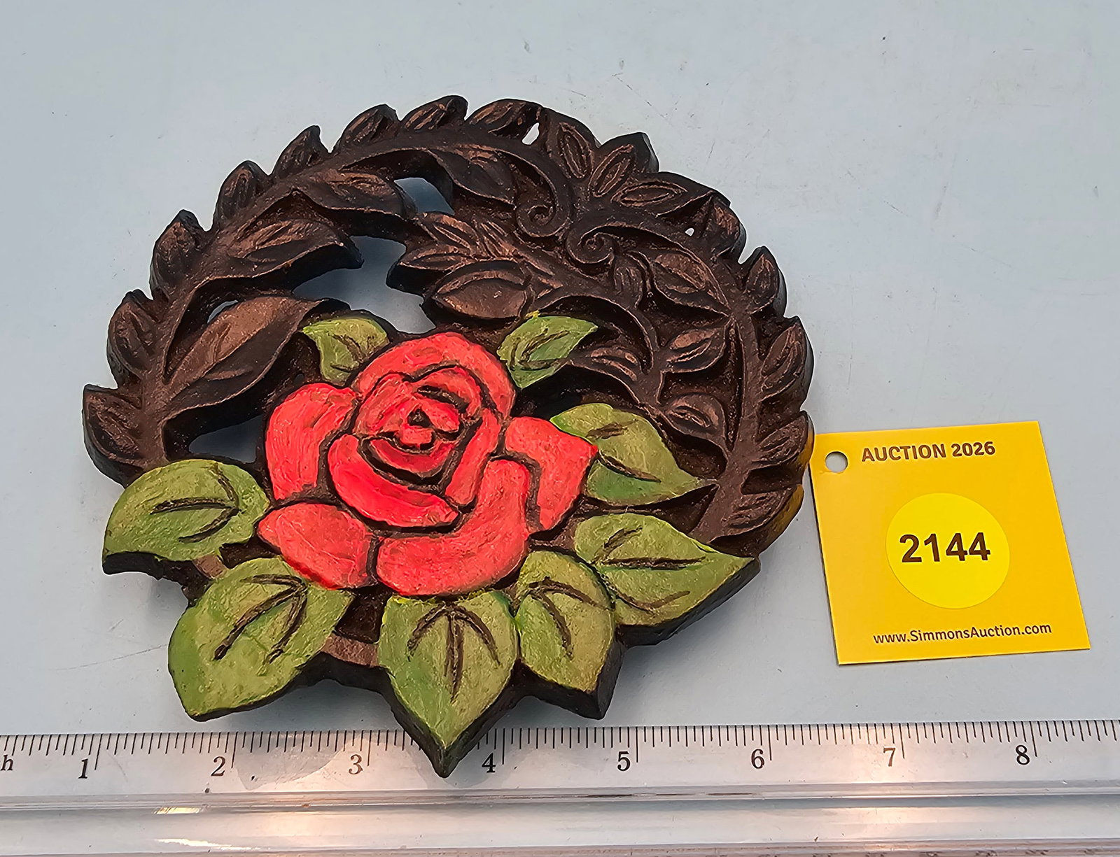 Round trivet w/painted red rose, diameter 6 1/8", height 3/4" (1 of 2)