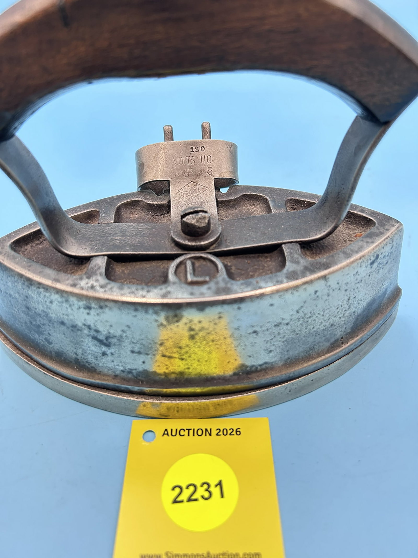 Electric Iron, wood handle, marked LMP Pat Feb 6, 06 L 7' - 2