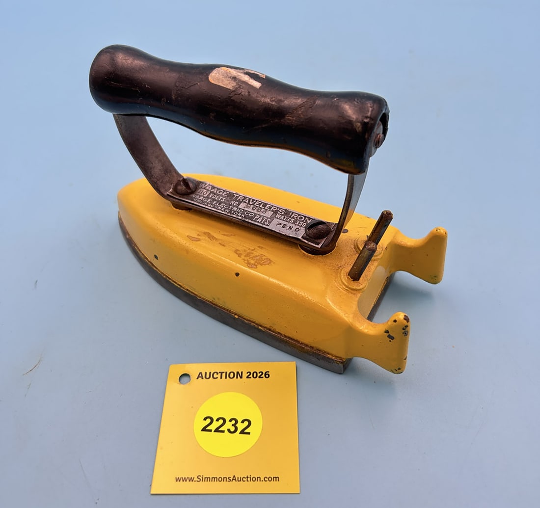 Waage Traveler's Iron, Waage Electric Co, Chicago, New York, No 2688, stand at back, yellow enamel, (1 of 3)