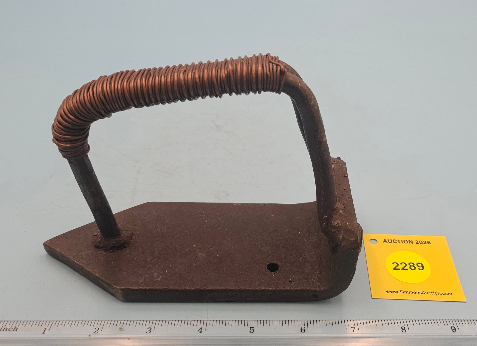 Flat iron, cast w/wire wrapped handle, L 6 3/4": Flat iron, cast w/wire wrapped handle, L 6 3/4"