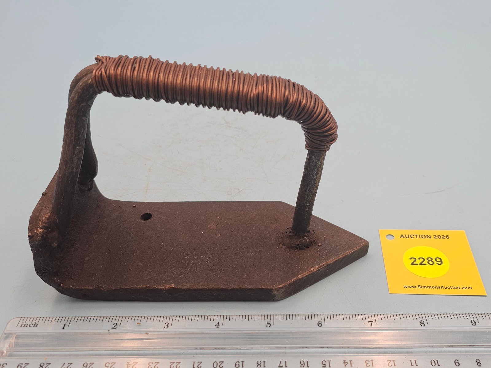 Flat iron, cast w/wire wrapped handle, L 6 3/4" - 2