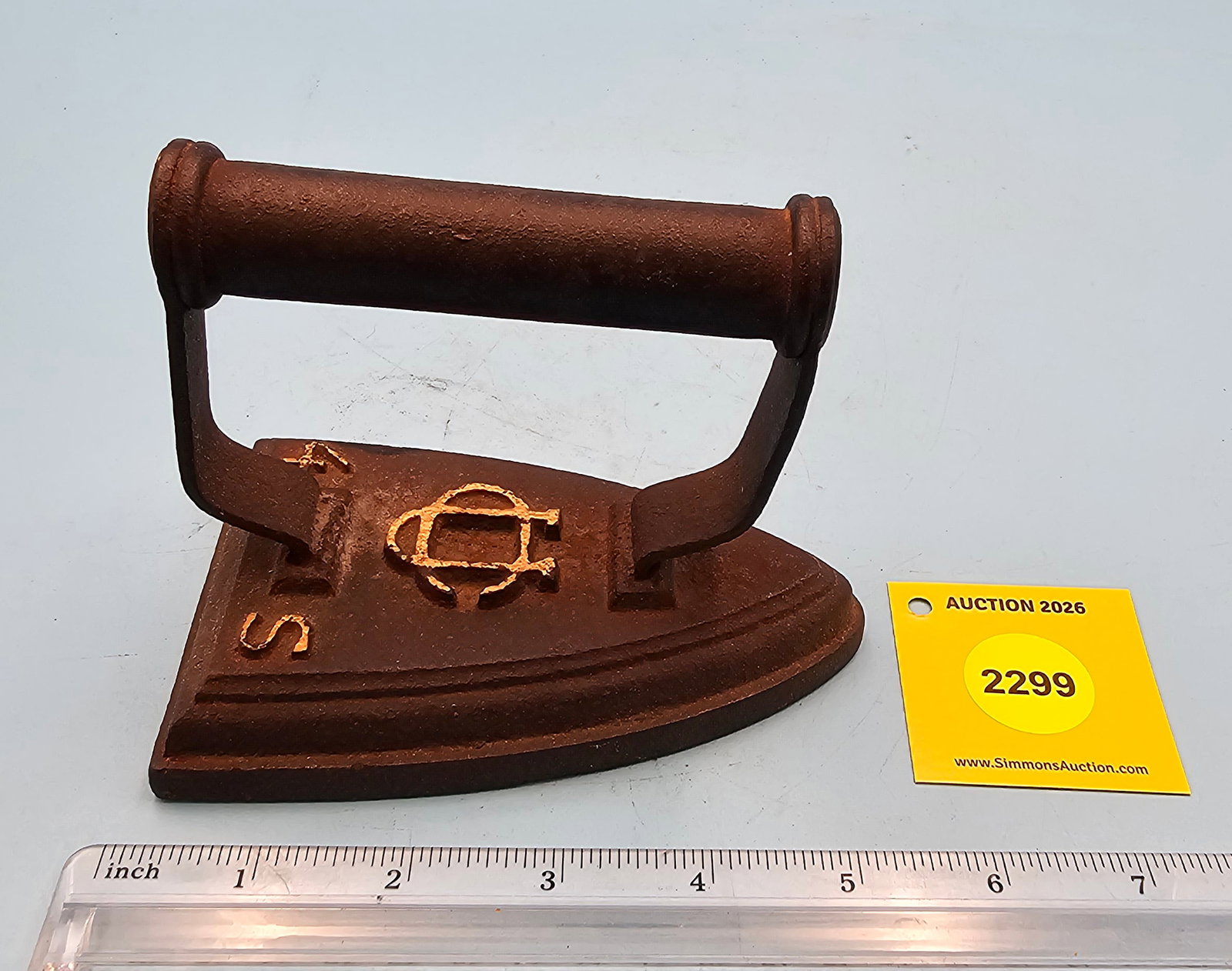 Flat iron, marked with interlocking U C, also marked 4 S, L 5": Flat iron, marked with interlocking U C, also marked 4 S, L 5"