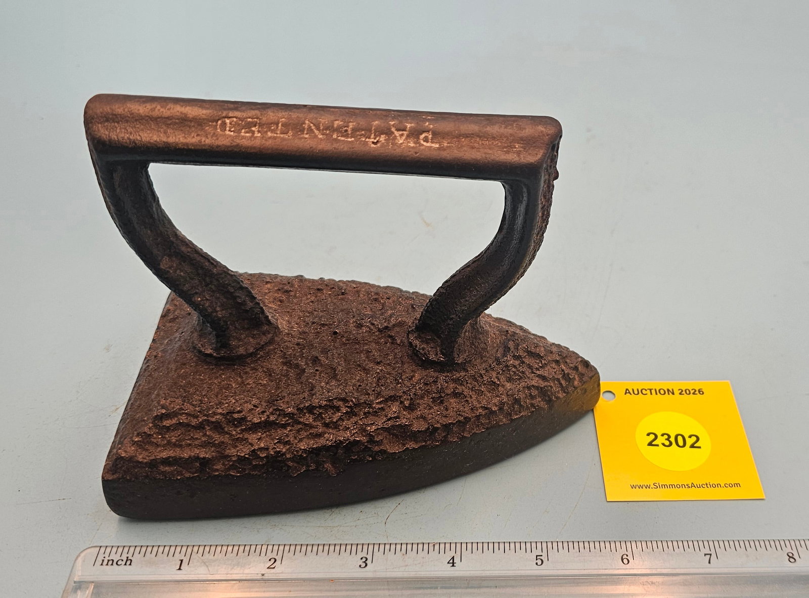 Flat iron, marked Patented Dec . 31 . 1867 on handle, L 5 3/4": Flat iron, marked Patented Dec . 31 . 1867 on handle, L 5 3/4"