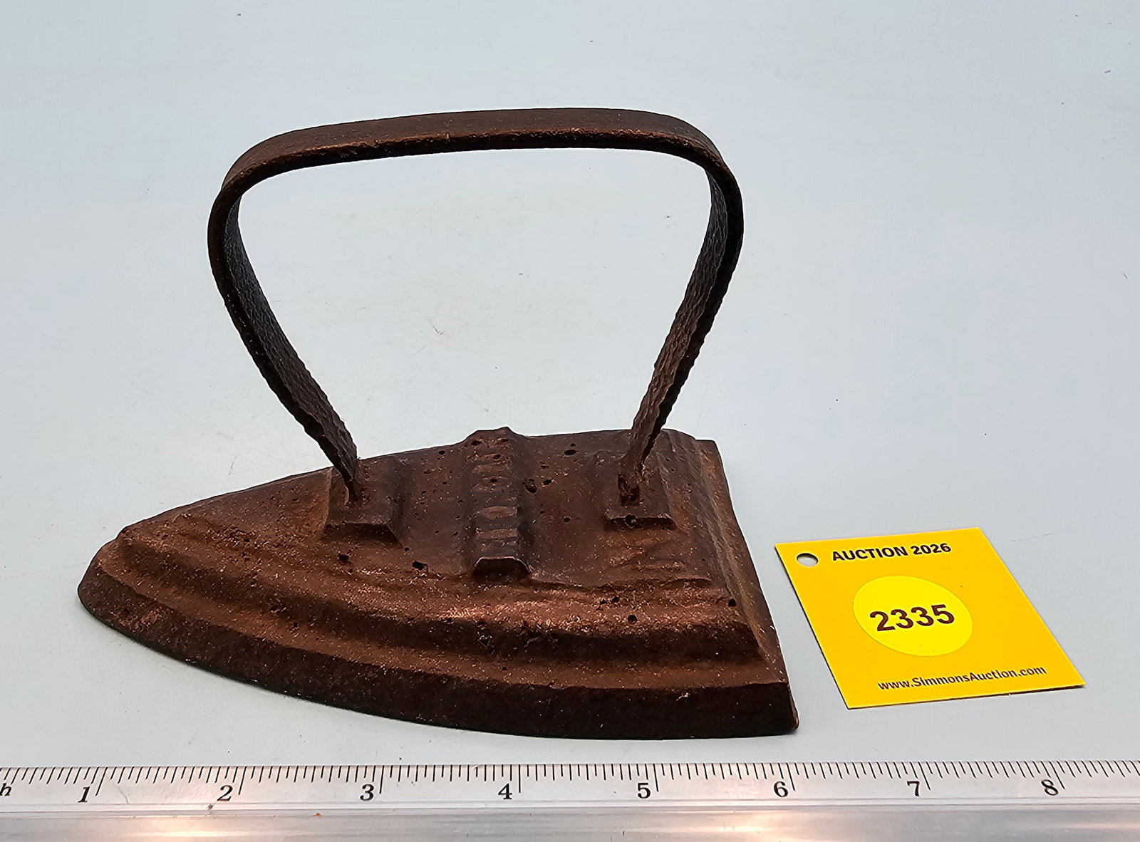 French flat iron, strap handle, inelligible marks, L 5 3/4": French flat iron, strap handle, inelligible marks, L 5 3/4"