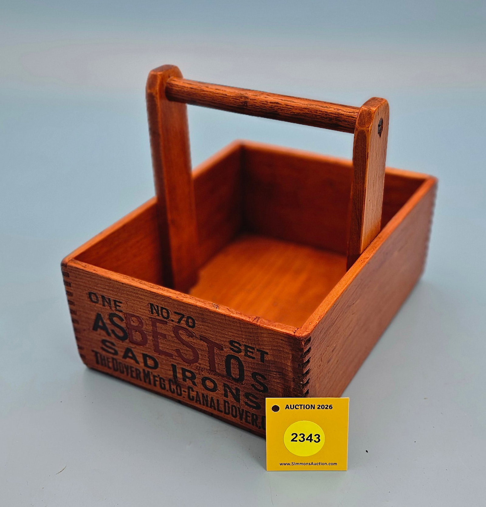 Wooden crate w/handle, No 70 Asbestos Sad Iron, The Dover Mfg. Co - Canal Dover O., 9 1/4 x 7 1/4 x (1 of 1)