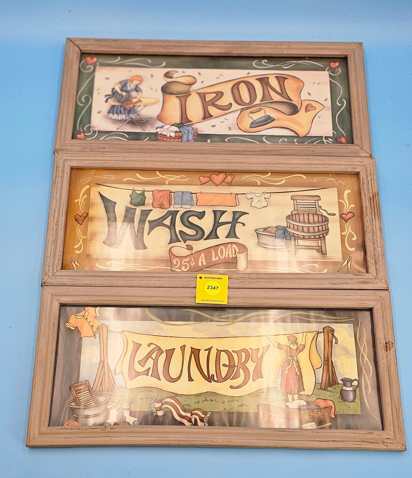 Lot of 4, framed Iron/laundry wall hangings 22 x 10" - 2